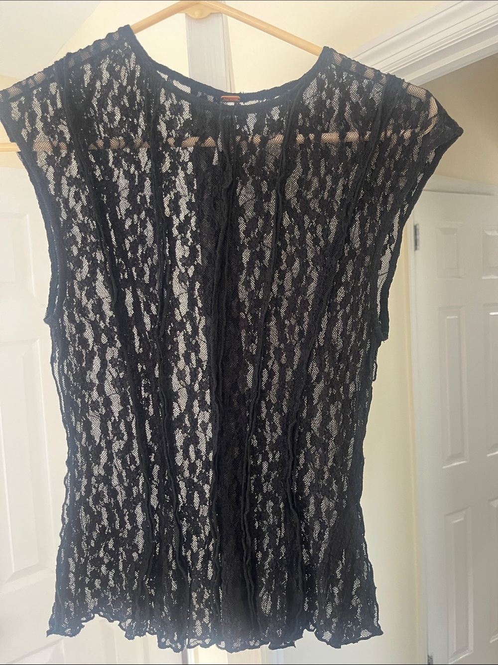 Free People Black Lace Sheer Cap-Sleeve Camisole